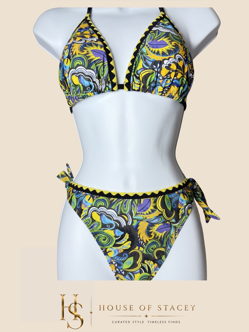 Women's Black Multicolor Paisley Tie-Strap Bikini Set Large